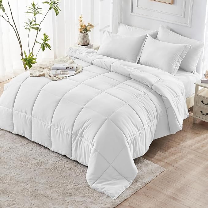 JOLLYVOGUE Full Comforter Set, Ultra-Soft Bed in a Bag Full Size 7 Pieces, Oeko-TEX Certified Bedding Set with Down Alternative Comforter, Sheets, Pillowcases & Shams, White