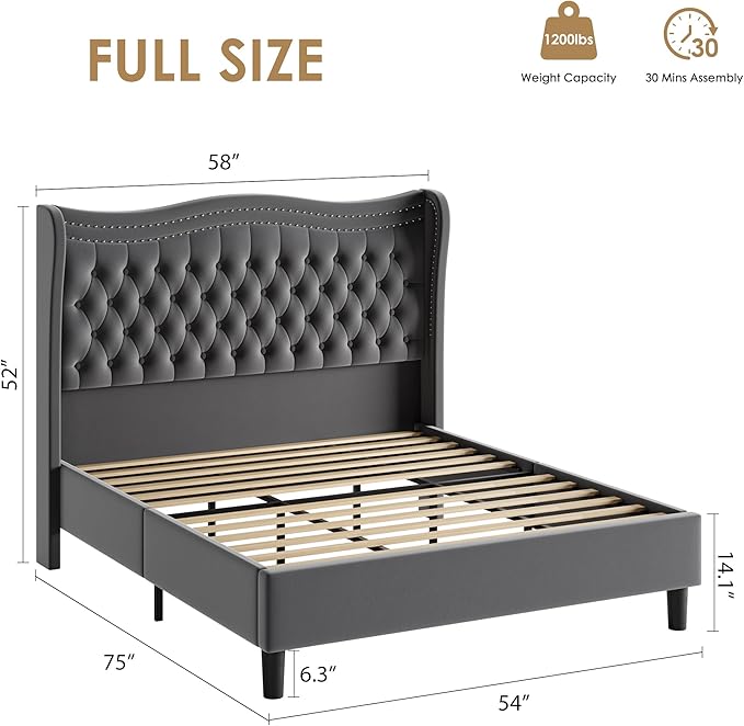 Upholstered Full Size Bed Frame with Tall Headboard, Velvet Wingback Platform Bed Frame with Deep Button Tufted, No Box Spring Needed, Noise Free, Grey
