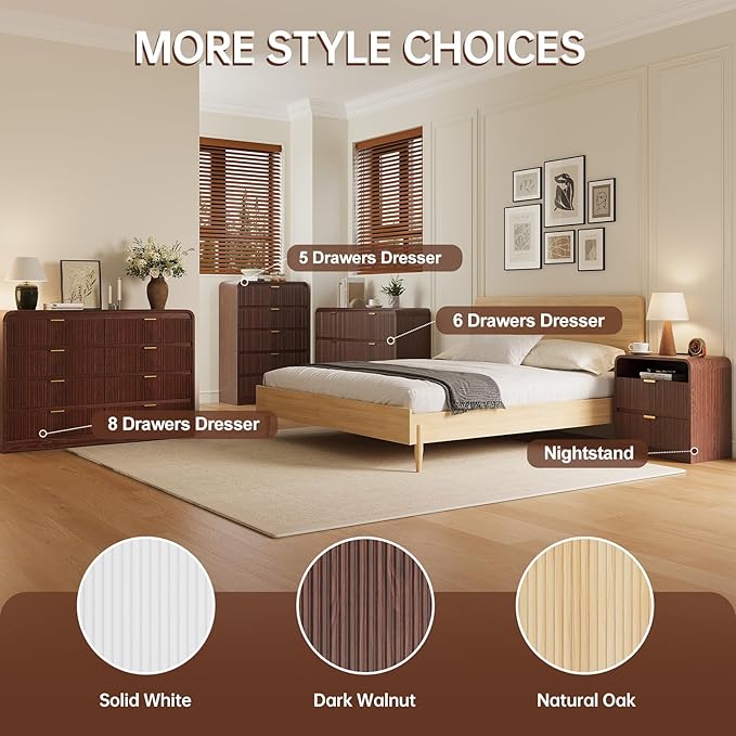 FURSUN Fluted 5 Drawers Dresser for Bedroom, 48" Tall Wooden Modern Dresser with Metal Handle, Curved Profile Design, Storage Organizer for Bedroom, Living Room, Hallway, Dark Walnut