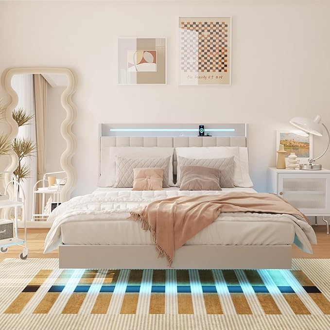 Floating King Size Bed Frame with RGB LED Lights & Charging Station, Upholstered Platform Bed with Hidden Storage Headboard & Shelves, Noise Free Heavy Duty Frame for Bedroom, Beige