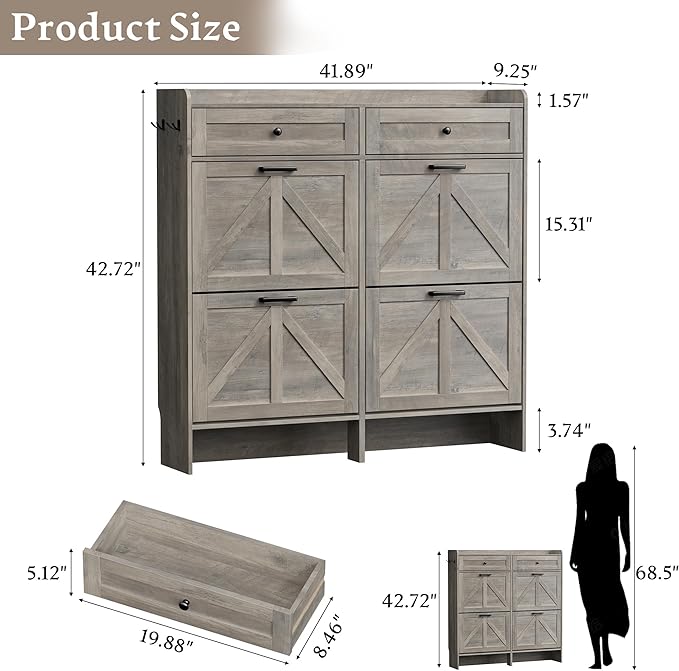 Shoe Storage Cabinet for Entryway, Farmhouse Wide Shoe Cabinet with 4 Flip Drawers and 2 Top Drawers, Freestanding Organizer with Adjustable Shelves, Hooks, and Anti-Tip Kit for Hallway