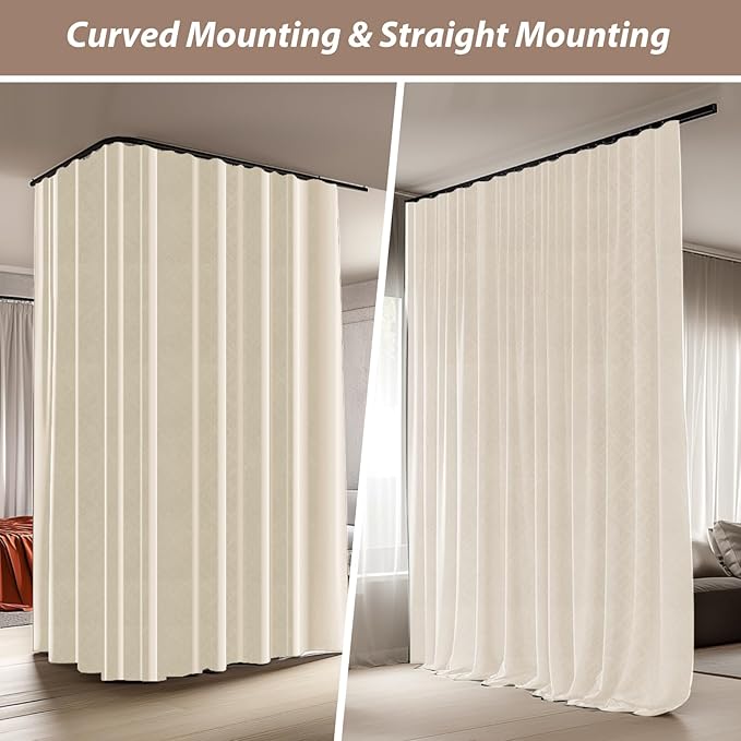 Room Divider Curtains with Ceiling Curtain Track Set Window Curtain for Bedroom,Living Room Total Blackout Thermal Insulated Privacy Ceiling Track Curtain W 6 × H 7 FT Beige drape&Black track