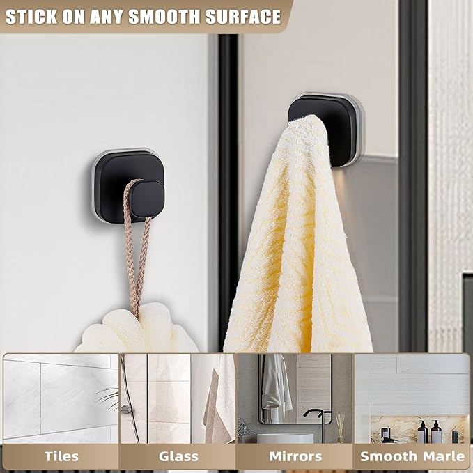 Suction Cup Hooks for Shower - Resuable Bathroom Hooks for Towels, Robes & Loofah - No-Drill Mounting on Kitchen,Walls,Metal,Glass,Mirrors,Tile & Smooth Non-Porous Surfaces (4, Matte Black)