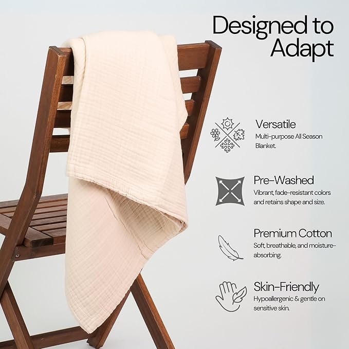 Salt Earth 100% Cotton Muslin Blanket, Gauze Blanket 80"X90" Queen, 4 Layered for Couch, Bed, Living Room,Lightweight & All Seasons Blankets & Throws, Easy to wash,Nature & Skin Friendly (Parchment)