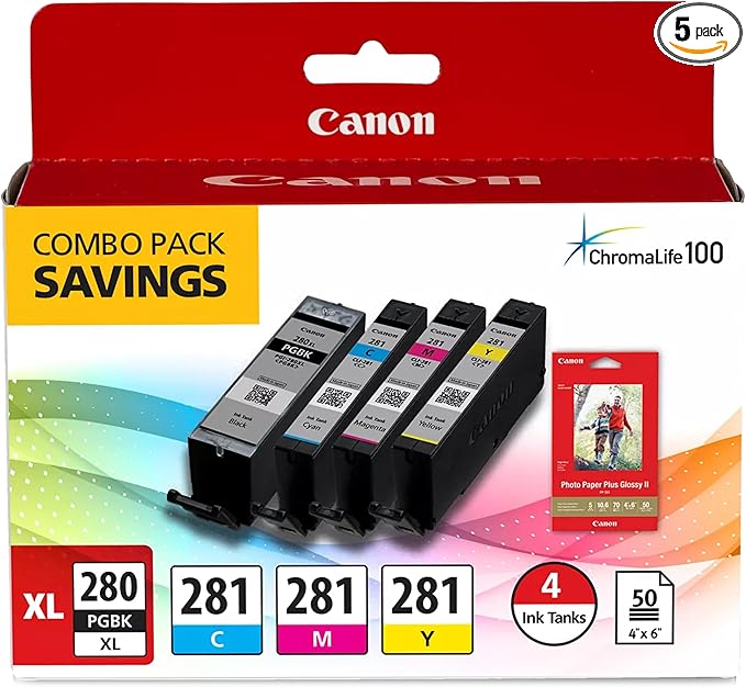 Canon PGI-280XL /CLI-281 Genuine Combo Pack with PP-301, Compatible with TR8520, TS9120,TS8120, TS6120, TS9521C/a, TS9520/a, TS8220, TS6220, TS8320, TS6320, TS702/a, and TR8620/a Series Printers