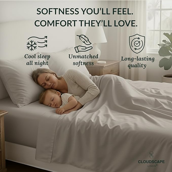 Cloud Scape Linen 100% Egyptian Cotton Sheets for Queen Size Bed, 400 Thread Count, 4 Pieces Bedding Set, Hotel Quality, Silky Soft, Deep Pockets up to 17”, Light Grey