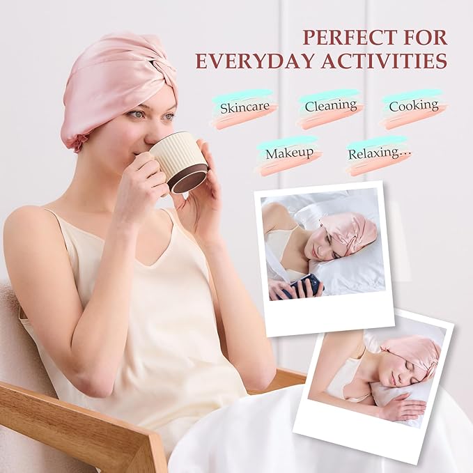 Silk Bonnet for Sleeping Women, 100% Mulberry Silk Sleep Cap with Elastic Band, Real Mulberry on Both Sides, Soft Pink
