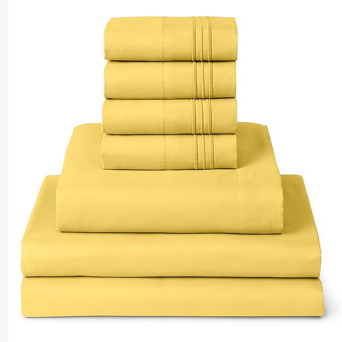 Mellanni Split King Sheet Set - 7-Piece Iconic Collection Bedding, (Including 4 Pillowcases), 16-Inch Deep Pocket, Easy Care, Extra Soft, Cooling Sheets, Brushed Microfiber - Yellow