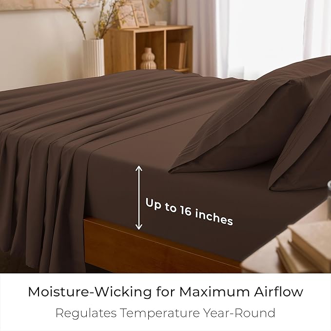 Mellanni Queen Sheet Set - 6-Piece Iconic Collection Bedding, (Including 4 Pillowcases), 16-Inch Deep Pocket, Easy Care, Extra Soft, Cooling Sheets, Brushed Microfiber - Brown