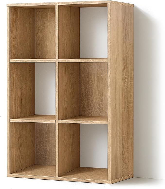 CAPHAUS Sturdy Room 11-Inch Cube Storage Organizer Shelf, with Thick Exterior Edge, Storage Shelf Divider w/Back, Bookcase, 6-Cube, Natural Oak