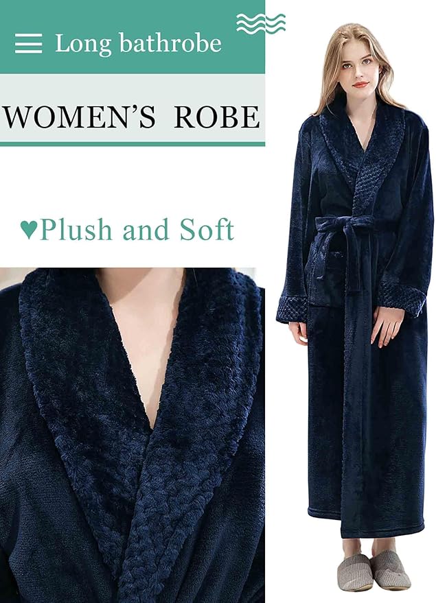 Artfasion Womens Long Fleece Robe - Warm Soft Floor Length Flannel Bathrobes for Winter Thicker Long House Coat with Pockets