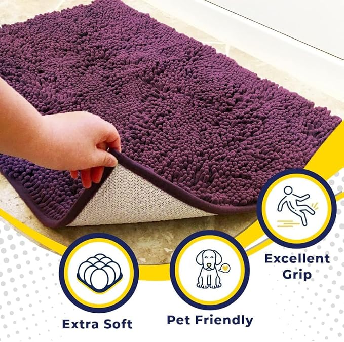 Muddy Mat® | Super Absorbent Door Mat Indoor, Microfiber Quick Dry Chenille Entryway Rug, Non-Slip Front Door Mat, Indoor Mats for Entryway, Machine Washable Pet Rug, Dark Purple 24"x60"