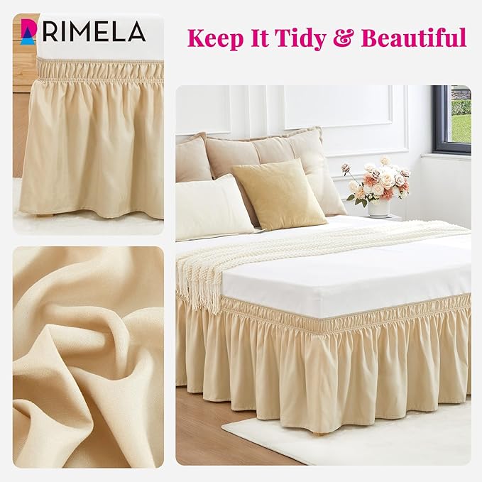 RIMELA Oatmeal Bed Skirt King Size 18 Inch Drop, Elastic Bed Skirting for Bed Base and Frame, Bedding Dust Ruffle Easy to Install, Lightweight Wrap Around Adjustable Bedskirt