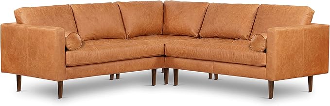 Poly & BARK Napa 98” Leather Corner Sectional Sofa – Full-Grain Italian-Tanned Aniline Leather, Feather-Down Comfort, Solid Wood Frame – Cognac Tan