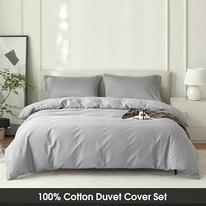 Full Size Cotton Duvet Cover Set 3 Piece-100% Egyptian Cotton Duvet Cover Set,1600Thread Count -Hotel Luxury Bedding，Ultra Soft & Breathable, Wrinkle-Free(Grey, 80x90 inches)