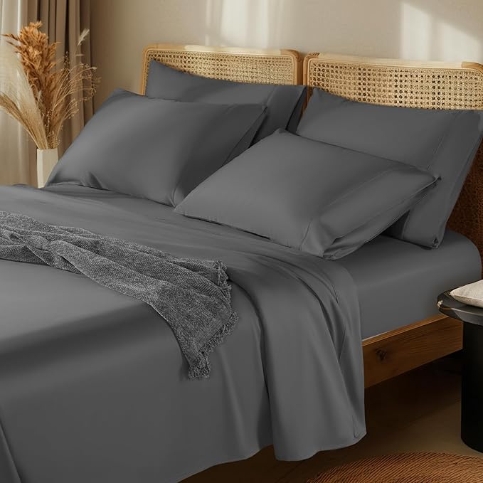 LBRO2M 1000 Thread Count 100% Egyptian Cotton Sheets Set 6 Piece Sets Queen Bed Sheet Deep Pocket Sheet Set 16" Soft Comfortable All Season (Queen, Dark Gray)