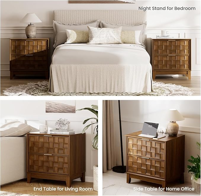 COLAMY Nightstand with Charging Station, 22" Modern Bed Side Table with 2 Storage Drawers and Chessboard Relieffor Bedroom, Dorm and Small Spaces - Walnut