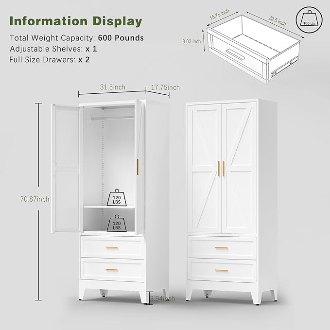 COFaR Metal Wardrobe Cabinet, 71 Farmhouse Armoire Wardrobe Closet with Rods, 2 Barn Doors, Adjustable Shelves, Steel with 2 Drawer Bedroom armoires, White