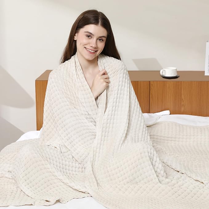 Aganear Waffle Blanket - Lightweight Breathable Summer Blanket of 50% Cotton and 50% Rayon Derived from Bamboo for Hot Sleepers Luxury Throws for Bed, Couch and Sofa,Beige,66x90 Inches