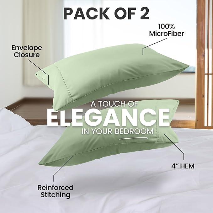 Pillow Covers by Utopia Bedding - Queen Size 2-Pack – Soft Brushed Microfiber – Perfect for Hospitals, Hotels, Guest Rooms – Oeko-TEX Certified, 20x30 Inches (Sage)