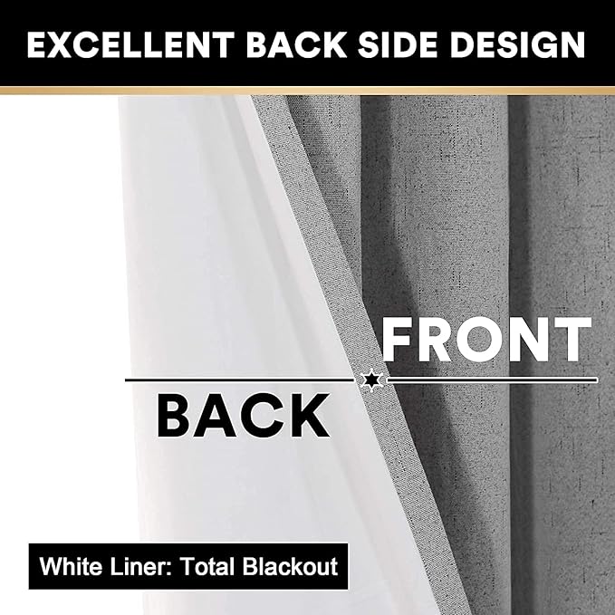 PrinceDeco 100% Blackout Curtains 64 inch Long 2 Panels,42" Wide,64" Length Energy Saving Curtains for Bedroom Living Room Grommet Blackout Linen Curtains with Thermal Insulated Liner,Light Grey