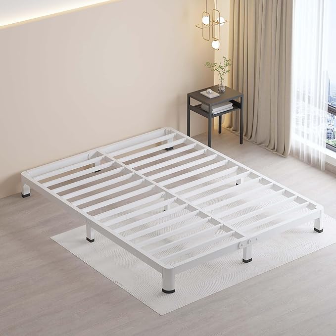 MAF 4 Inch Queen Metal Platform Bed Frame White with Round Corner Legs, Mattress Slide Stopper, 3000 LBS Heavy Duty Steel Slats Support, Noise Free, No Box Spring Needed, Easy Assembly