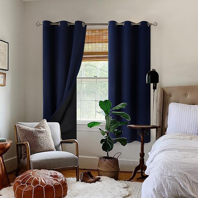 BGment Navy 100% Blackout Curtains for Bedroom 63 Inches Long with Black Liner, Thermal Insulated Double Layer Full Room Darkening Noise Reducing Grommet Curtain (42 x 63 Inch, Navy Blue, 2 Panels)