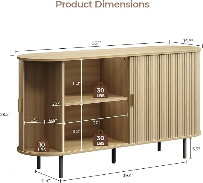 Buffet Cabinet with Storage, Fluted Sideboard Buffet with Sliding Door, Coffee Bar Cabinet with Adjustable Shelf, Console Table, Accent Table for Entryway, Kitchen (Oak, 55 Inch)