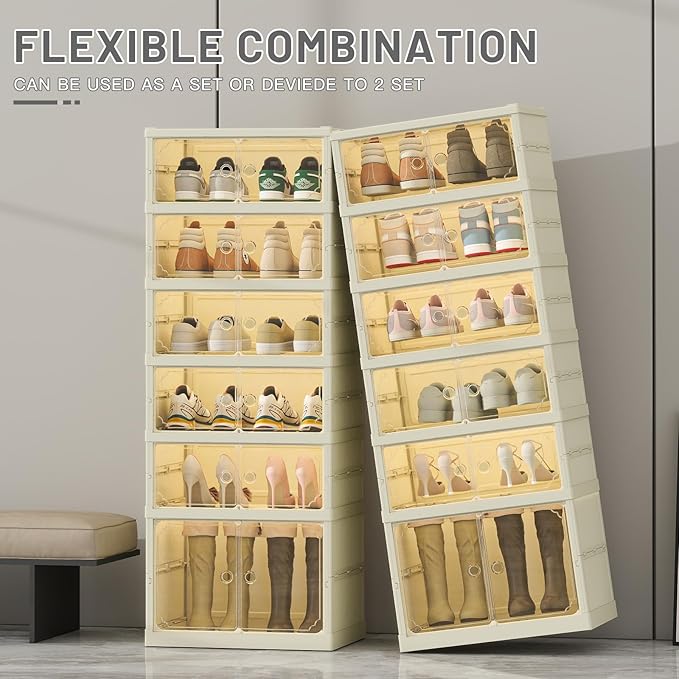 6 Tiers Foldable Shoe Rack Organizer for Closet with Wheels, 24Pairs Plastic Collapsible Shoe Shelf for Front Door Entrance Stackable Clear Folding Shoes Storage Boxes Tall Shoe Cabinet