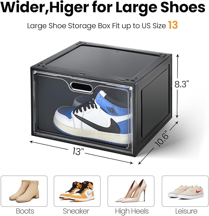 8 Pack Shoe Boxes Black Plastic Stackable, Large Shoe Storage Organizer,Drop Side Front Shoe Containers for Entryway,Sneaker Storage Fit up to US Size 13 for Men/Women(13’’x 10.6”x 8.3”)