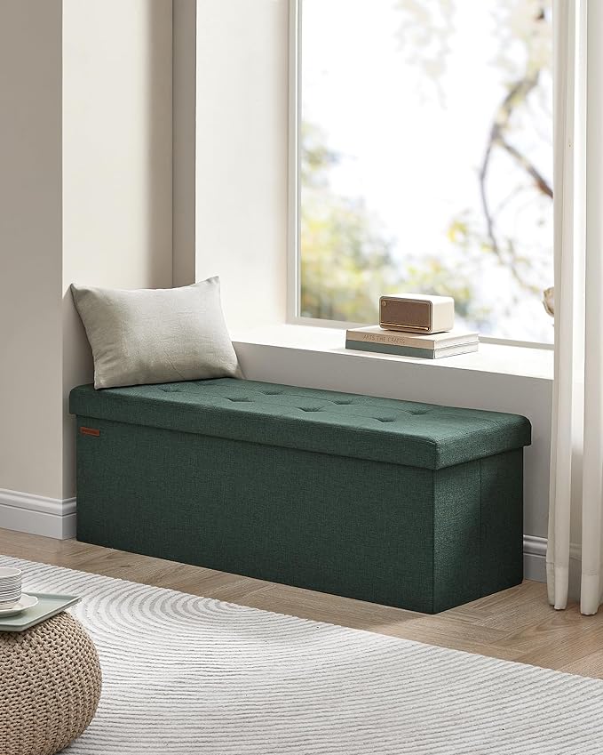 SONGMICS MAZIE Collection - 43 Inches Folding Storage Ottoman Bench, Ottoman Foot Rest, End of Bed Bench, Storage Chest, Load 660 lb, for Living Room, Bedroom, Entryway, Retro Green ULSF077C01