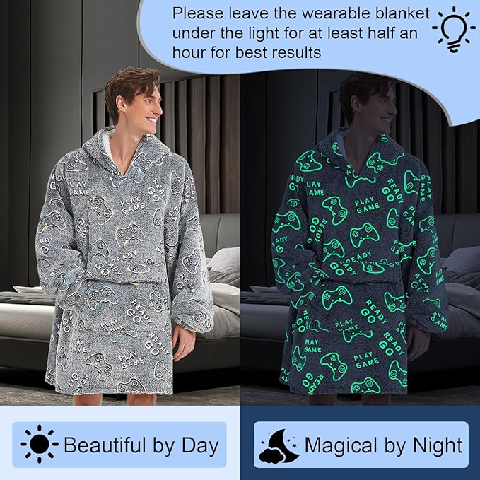 Glow in The Dark Game Controller Wearable Blanket Hoodie for Adult,Oversized Sherpa Fleece Blanket Hoodie for Women Men,Gamer