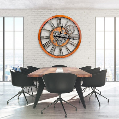 The B-Style 36" Large Moving Gear Wall Clock Oversized Vintage Farmhouse Wall Clocks for Living Room Decor Rustic Industrial Wood Clock (Brwon with Bronze Gears)