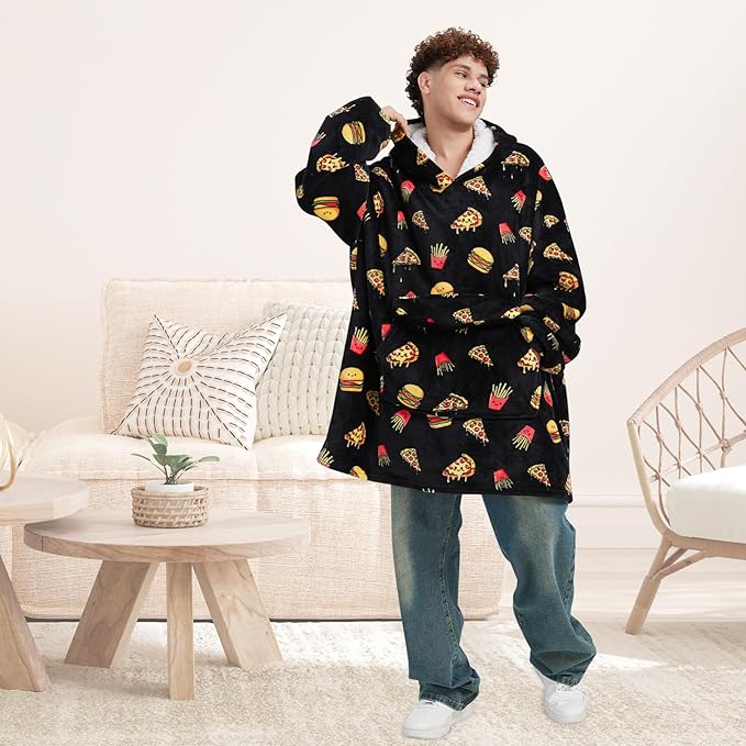 Wearable Blanket Hoodie for Adult,Oversized Sherpa Fleece Blanket Hoodie for Women Men,Hamburger Pizza