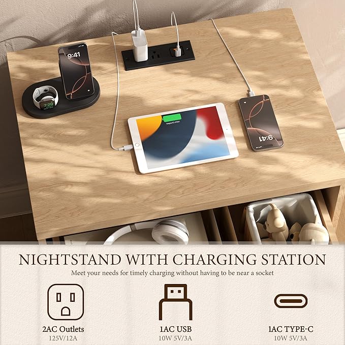 Yechen Nightstand with Drawers, Modern Arched Reeded Wood Nightstand with Charging Station, Wooden Night Stand with Storage,Bedside End Tables for Bedroom, Natural