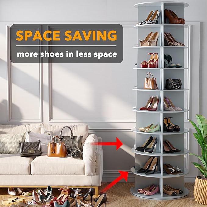 SpaceAid 9 Tier Rotating Shoe Rack Tower, Spinning Shoe Display Lazy Susan, Revolving 360 Shoe Rack Storage Round Carousel, Vertical Handbag Rotate Shoes Closet Organization (9-Tier Gray)