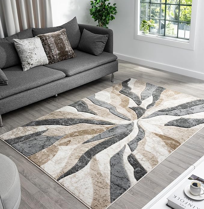 Modern Abstract Area Rug Hand Carved Contemporary Geometric Swirls Vibrant Colors Carpet for Living Room Bedroom Design PR1002 (Beige, 5' x 7')