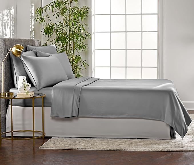 Pure Bamboo Queen Sheets, Genuine 100% Organic Viscose Derived from Bamboo Bed Sheet Set, Luxuriously Soft & Cooling, Double Stitching, 2 Year Quality Promise (Queen, Stone Grey)