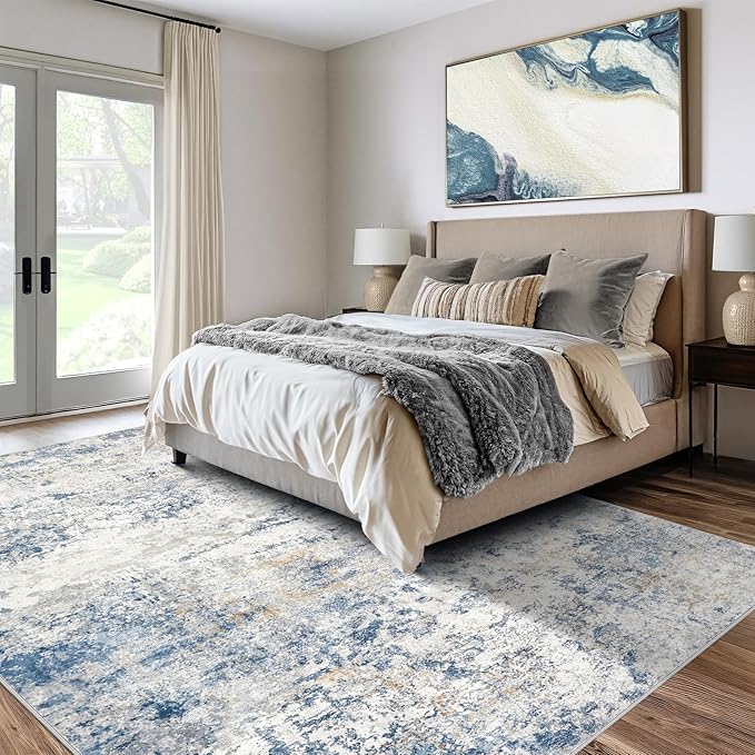 Area Rug Living Room Rugs - 4x6 Abstract Large Soft Indoor Washable Rug Neutral Modern Low Pile Carpet for Bedroom Dining Room Farmhouse Home Office - Blue