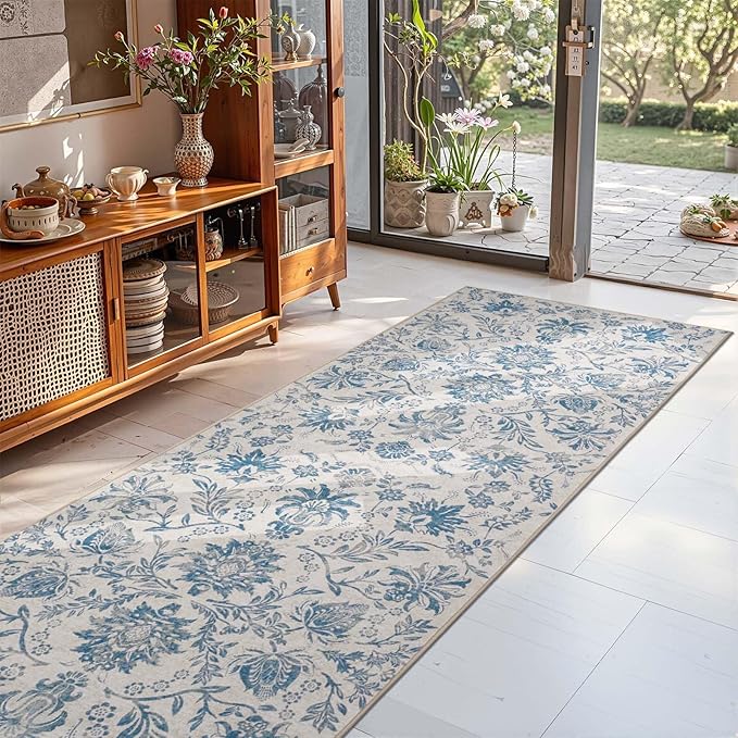 jinchan Torino Runner Rugs 3x8, Vintage-Inspired Floral Design Machine Washable Non-Slip Ultra-Thin Low-Pile Rubber Backing Traditional Rug for Kitchen Hallway Laundry Room Entryway Dark Blue