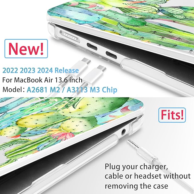 Mektron for 2025 M4 MacBook Air 13.6 Inch A3240 Case Fits 2023 A2681 M2 2024 A3113 M3 Chip with Liquid Retina Display, Printed Plastic Hard Shell Cover for MacBook Air 13.6", Watercolor Cactus