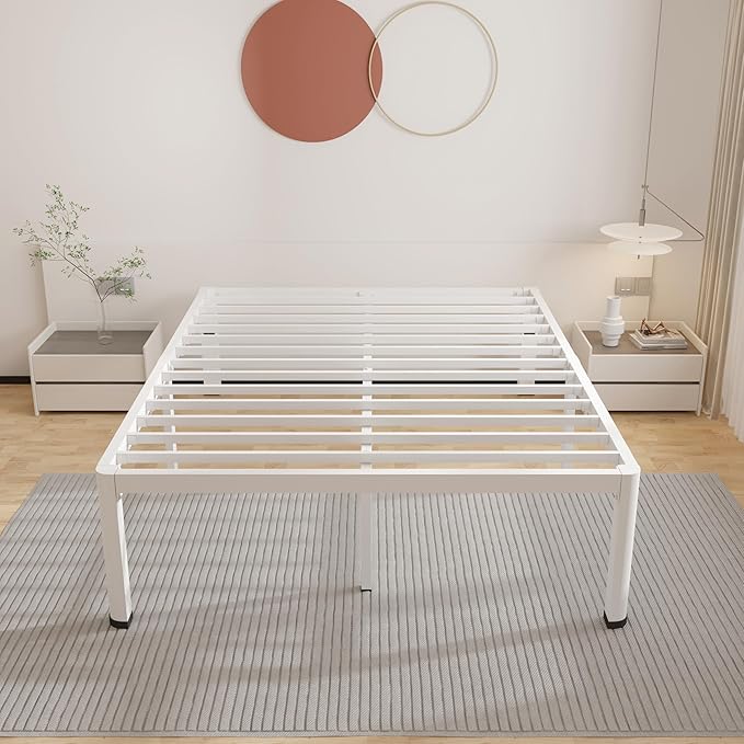 ROIL 18 Inch White Full Size Bed Frame with Rounded Corner and Headboard Hole Mattress Retainers 3500LBS Heavy Duty Steel Slats No Box Spring Needed Platform Noise-Free Easy Assembly