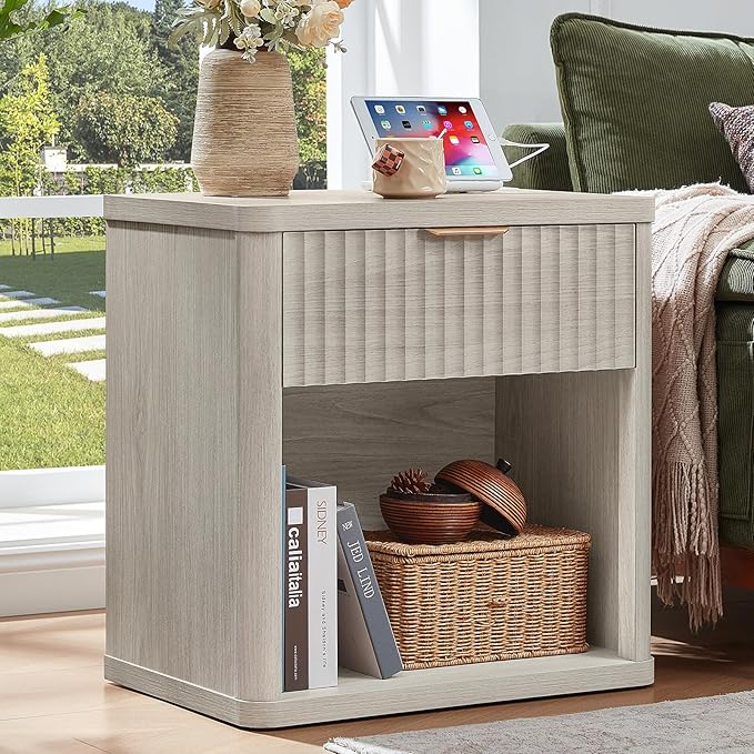 LEYAOYAO Fluted Nightstand with Charging Station, 23" Wide 1 Drawers Night Stand,LightGrey End Table with Open Storage,Farmhouse Bed Side Tables, Wood Dresser for Bedroom, Living Room, Closet