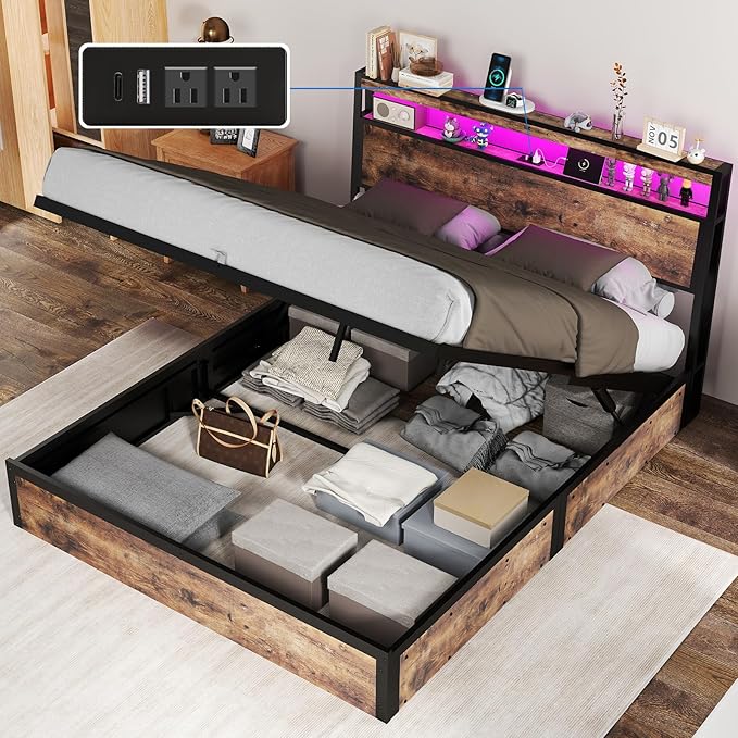 Full Size Lift Up Storage Bed Frame with Charging Station, 2 Tier Wood Storage Headboard with Led Lights, Heavy Duty Metal Slats Support/Hydraulic Storage/Noise-Free/Brown