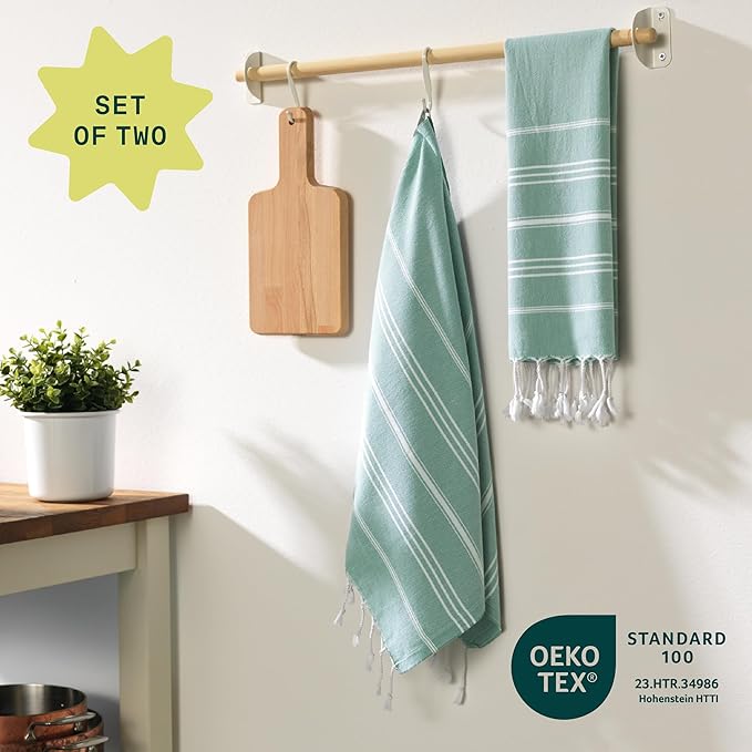 WETCAT Turkish Hand Towels with Hanging Loop, Set of 2 (20" x 30") 100% Turkish Cotton, Pre-Washed, Quick Drying, for Kitchen or Bathroom - Teal