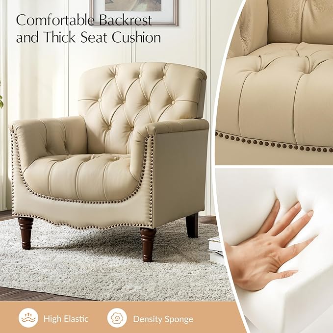 HULALA HOME Mid Century Modern Leather Club Chairs Set of 2, Top-Grain Genuine Leather Armchairs with Button-Tufted Back & Solid Wood Legs, Accent Chairs for Living Room/Bedroom/Home Office, Beige