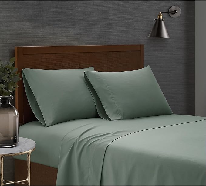 London Fog Garment Washed Solid Sheet Set Green Microfiber 4-Piece Full Sheet Set, Solid Themed, Deep Pocket, Adult and Teen, Oeko-TEX Certified