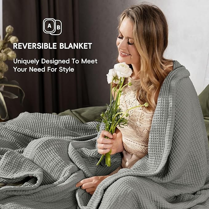 PHF 100% Cotton Waffle & Muslin Blanket Queen Size, Soft Breathable Luxury 400GSM Versatile Reversible Bedding for Bed, Great for Layering in Cold Weather, Home Decor Gift, 90" x 90", Frosted Grey