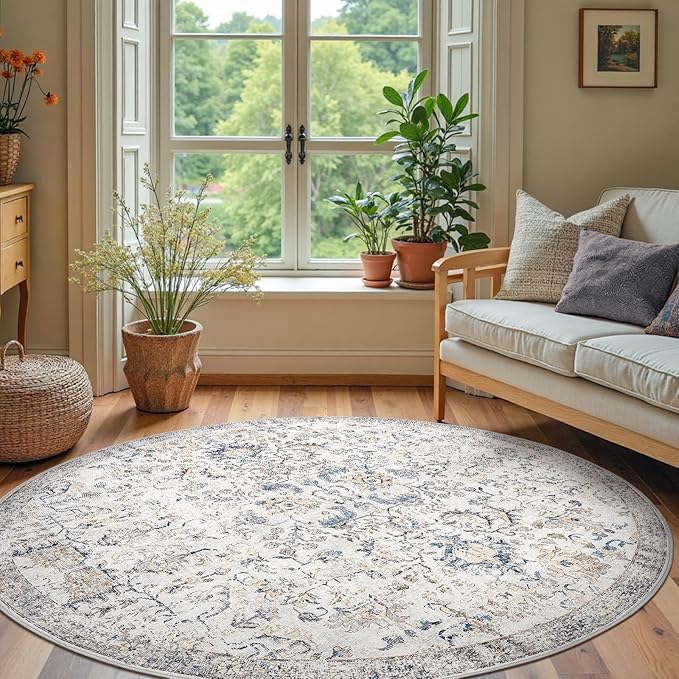 jinchan Kalen Round Rug 7ft Area Rug Washable Vintage Indoor Retro Accent Floor Cover Distressed Floral 7' Round Circle Boho Non Slip Thin Carpet for Living Room Dining Room Bedroom Kitchen Blue