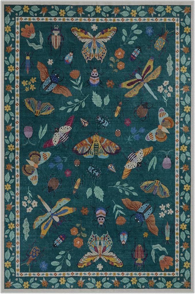 Lahome Insect Print Washable Rugs for Living Room, Soft Area Rug 6x9 Rug for Bedroom Ultra-Thin Non Slip Dining Room Rug, Stain Resistant Modern Rug Large Carpet for Office Nursery(6'x9',Dark Green)
